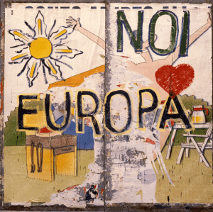 Rotella Noi-amiamo-Europa,-1987,-sovrapittura-su-lamiera-zincata,