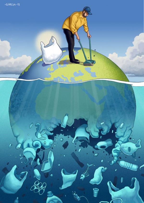 Daniel-Garcia-Art-Editorial-Illustration-Clean-the-Planet-Porto-Cartoon-Earth-Ocean-Sea-Garbage-Trash-Plastic-Bag-Man-Pollution-Island-600x848