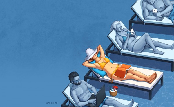 Daniel-Garcia-Art-Editorial-Illustration-CNet-Magazine-Summer-Holiday-Pool-Smartphone-Addiction-Relax-Girl-Bikini-011-600x370