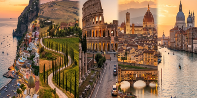 Collage of Positano coast, Tuscan countryside, Roman Colosseum, Florence cityscape, and Venice canals at sunset