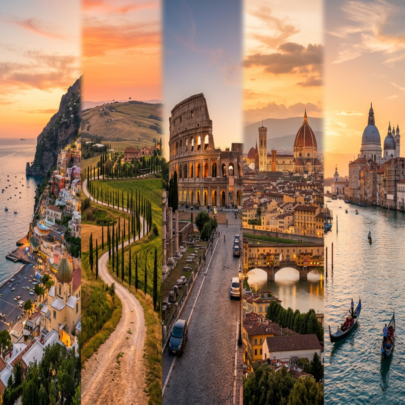Collage of Positano coast, Tuscan countryside, Roman Colosseum, Florence cityscape, and Venice canals at sunset