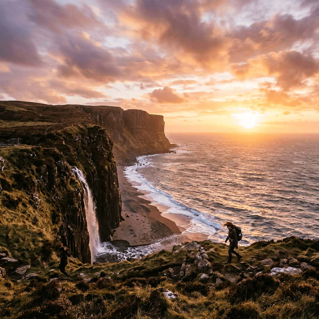 Hiker walking on grass near cliffs with waterfall and ocean at sunset