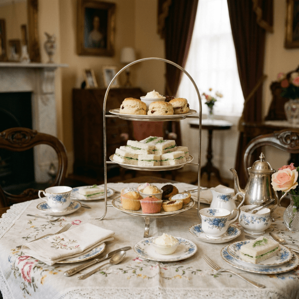 Two women in Victorian-style dresses and hats sharing afternoon tea with tiered tray of sandwiches, scones, and desserts