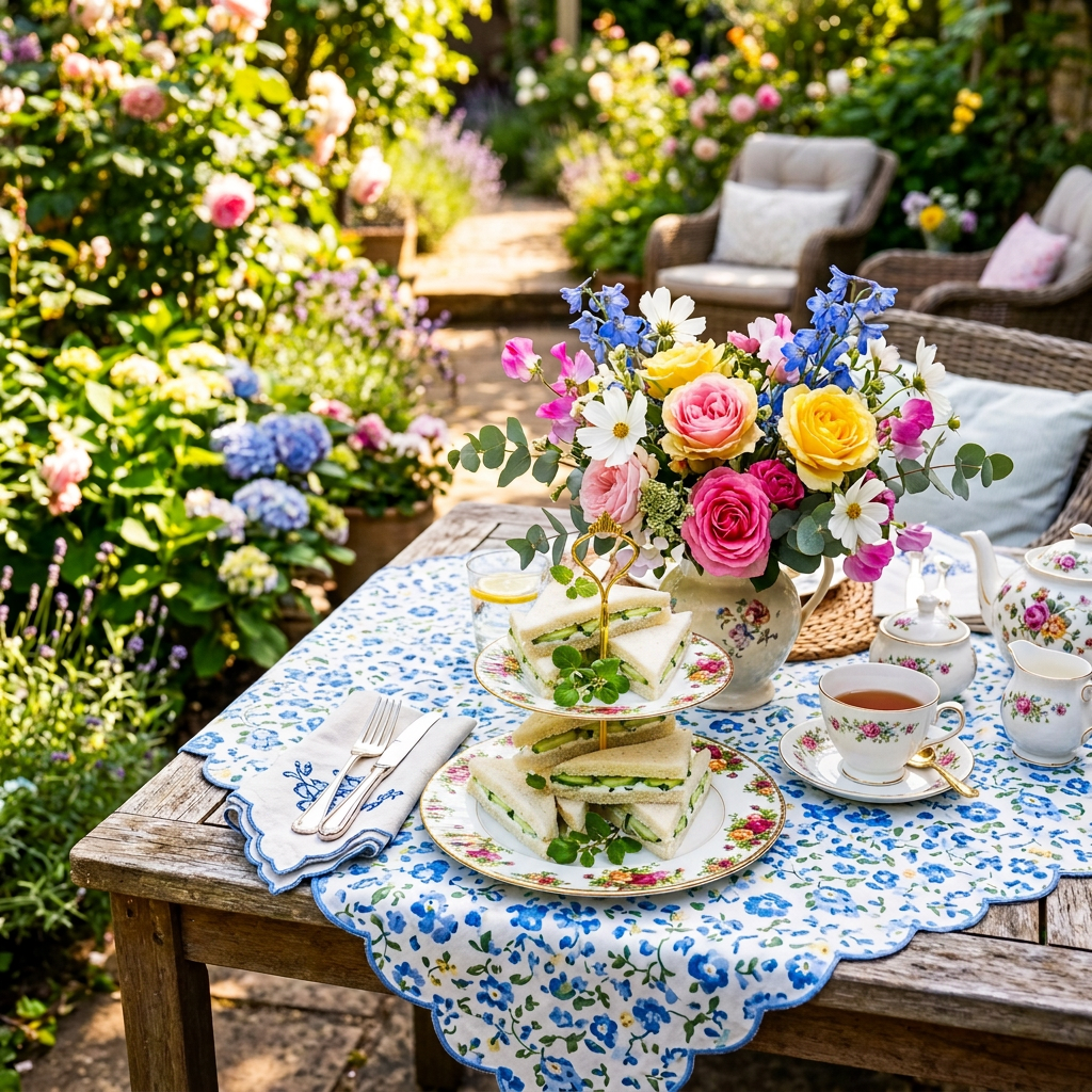 Table with tea set, cucumber sandwiches, and colorful flower bouquet in a sunlit room